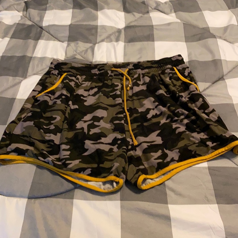 Bae City camo with yellow trim shorts.